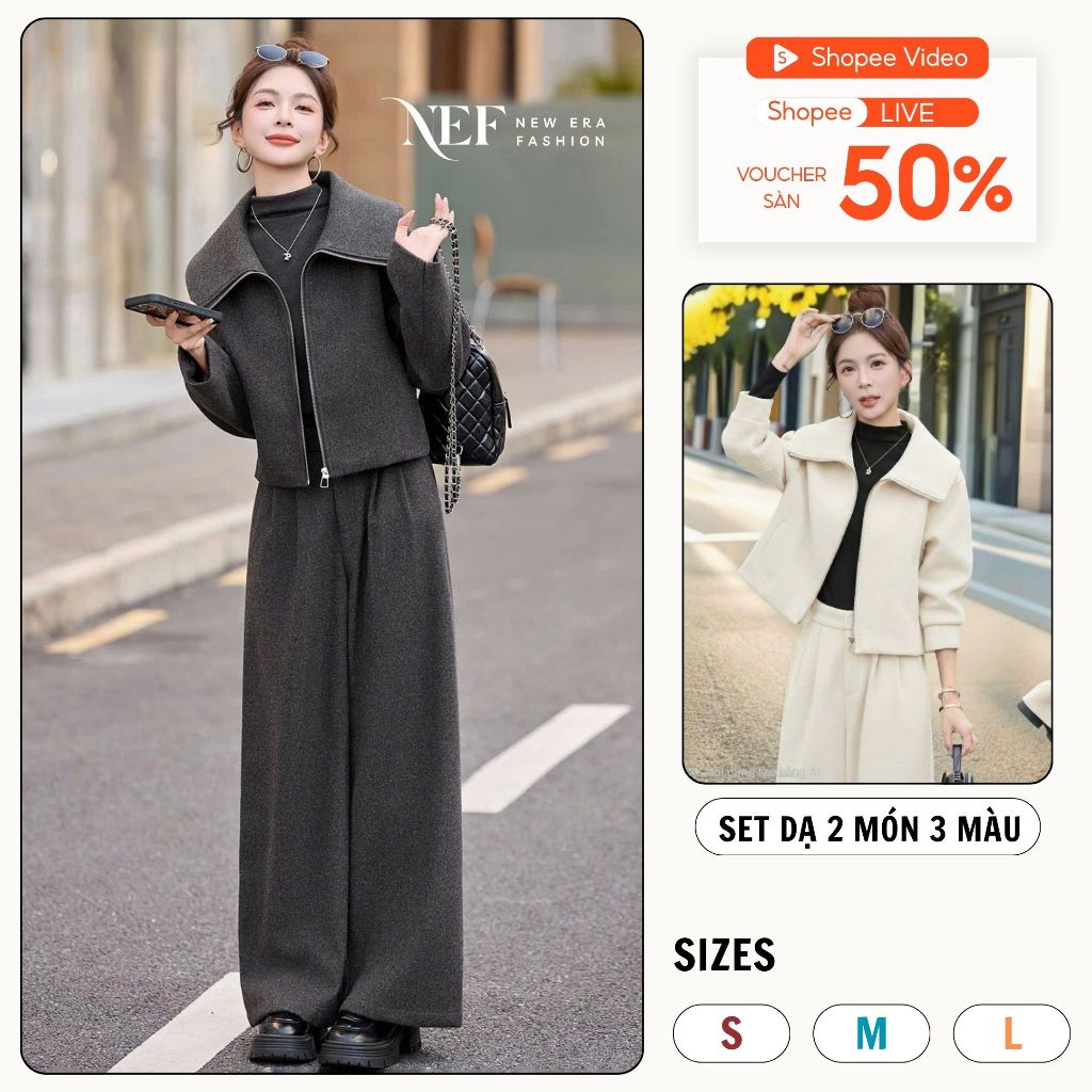 Set BỘ Dạ 2 Món có 3 Màu: Xám, Nâu, Be Gồm Áo Khoác và Quần Dài Ống Suông Ấm Áp New Era Fashion