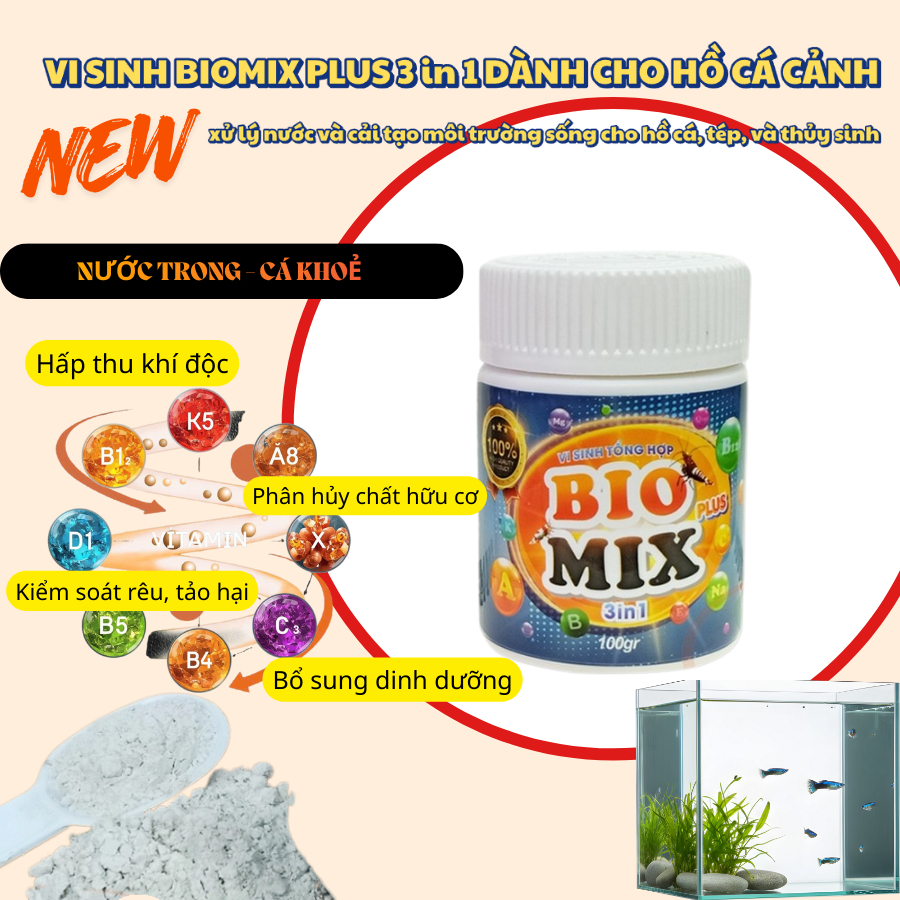 BIOMIX Plus 3 in 1 - Men Vi Sinh Đậm Đặc Cho Hồ Cá, Tép, Thủy Sinh (Hủ 100gram)