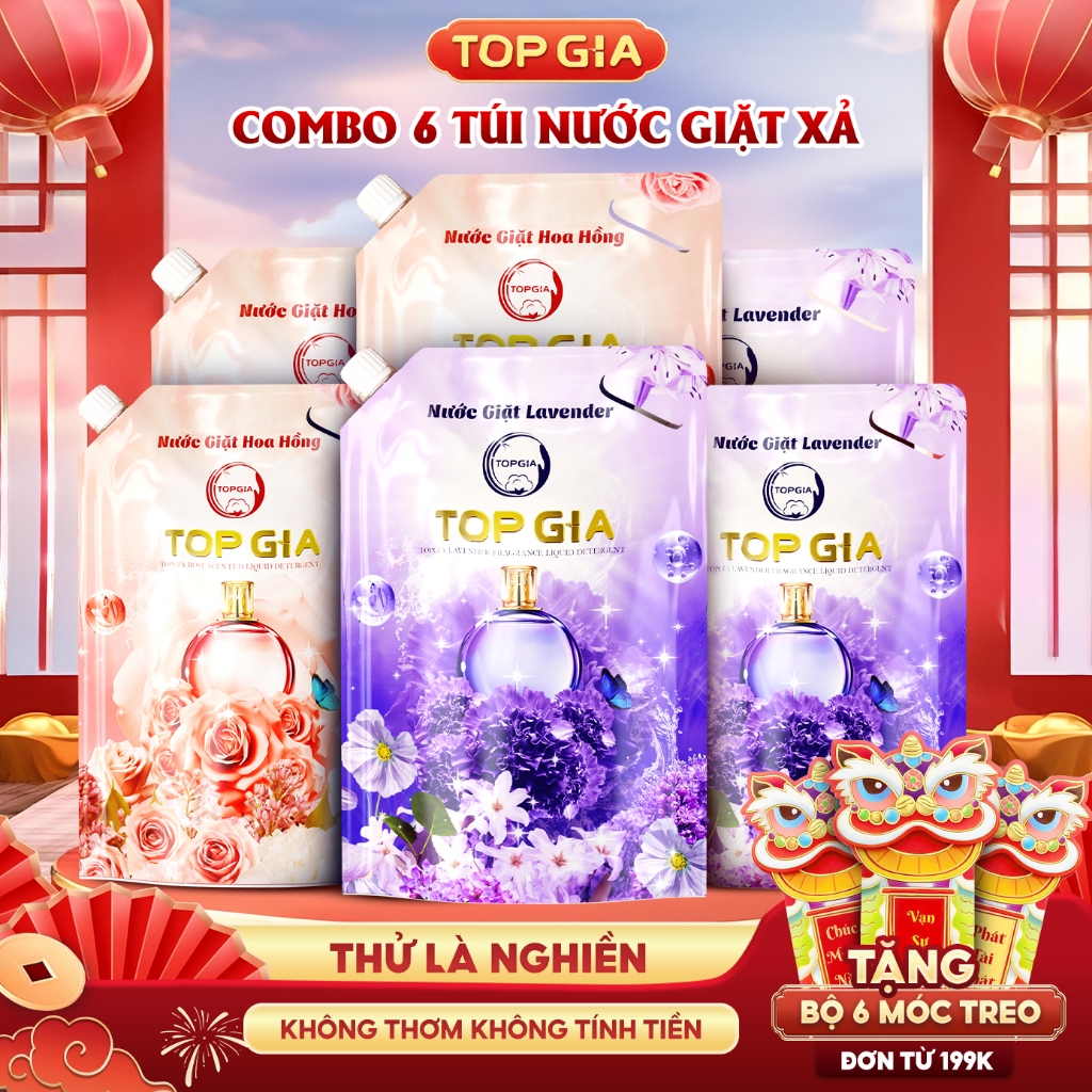   COMBO 6 TÚI  Nước Giặt TOPGIA Hương Lavender Hoa Hồng Dịu Nhẹ An Toàn Cho Da Lưu Hương 72H 