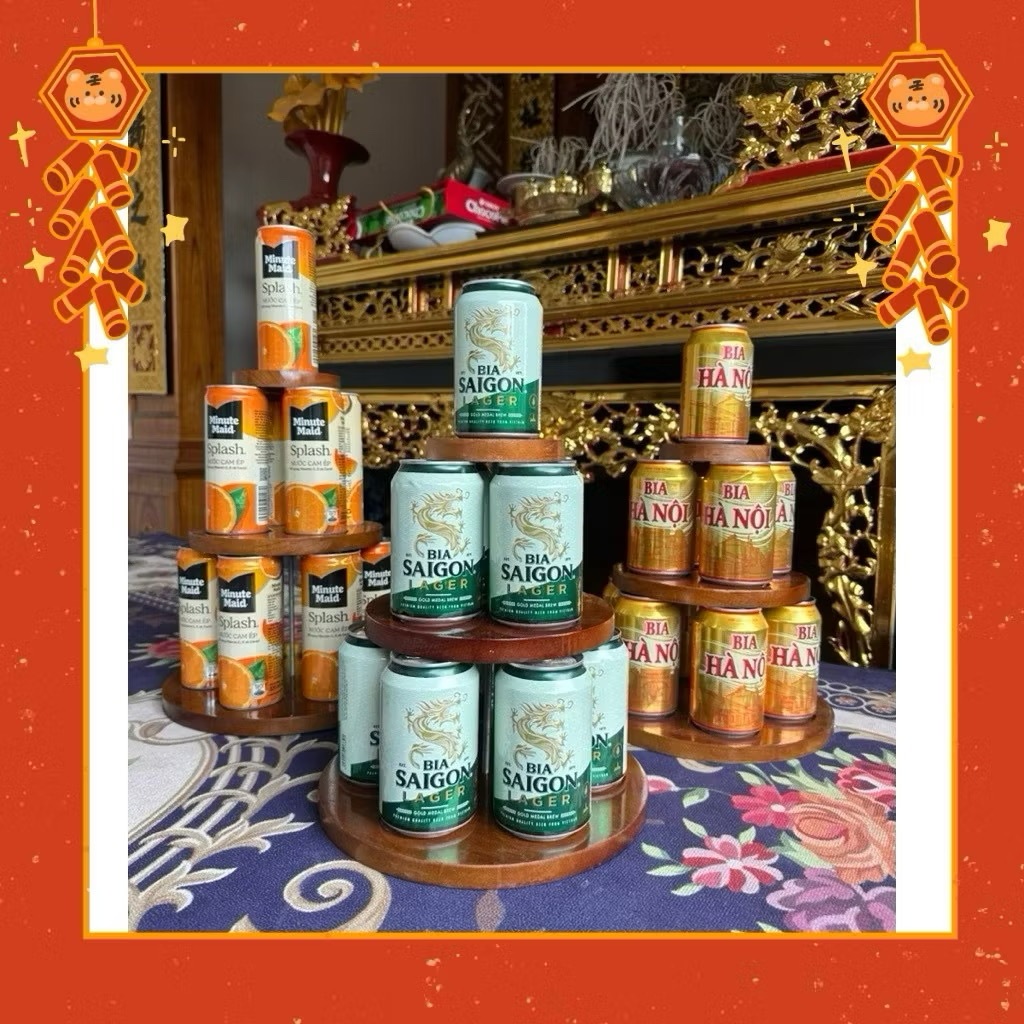 Tháp gỗ bày bia nước ngọt, tháp gỗ 3 tầng trưng bày ngày Tết, tháp tài lộc gỗ 3 tầng đẹp