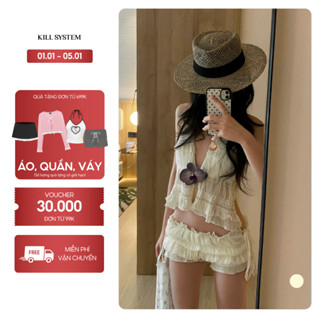   CÓ TÁCH LẺ  Set áo cổ yếm hở lưng voan nhúng và quần short cột nơ tôn dáng GLOWNY - KILL SYSTEM 