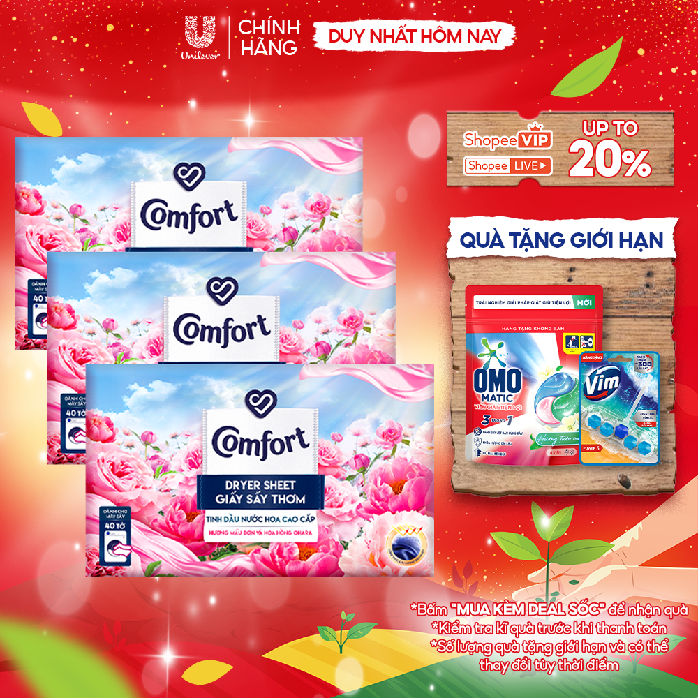  Combo 3 Hộp Giấy Thơm Comfort Hương Mẫu Đơn Và Hoa Hồng Ohara 40 tờ hộp Dành Cho Máy Sấy Quần Áo Tủ Quần Áo 
