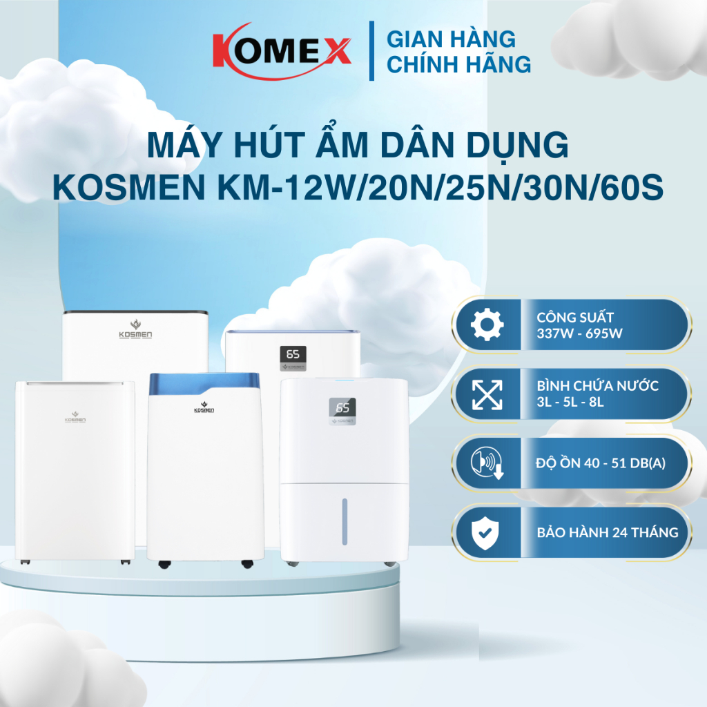 Máy Hút Ẩm Dân Dụng Kosmen KM-12L/20L/25L/30L/60L/Ngày, Dung Tích Lớn, Có Wifi & Sấy Quần Áo - Bảo H