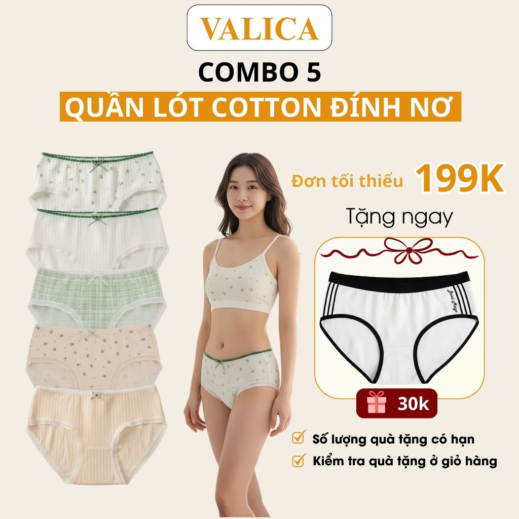 Combo 5 Quần Lót Nữ Cotton Đính Nơ Cá Tính - Set 5 Quần Chip Nữ Phối Họa Tiết Thanh Lịch VALICA L311