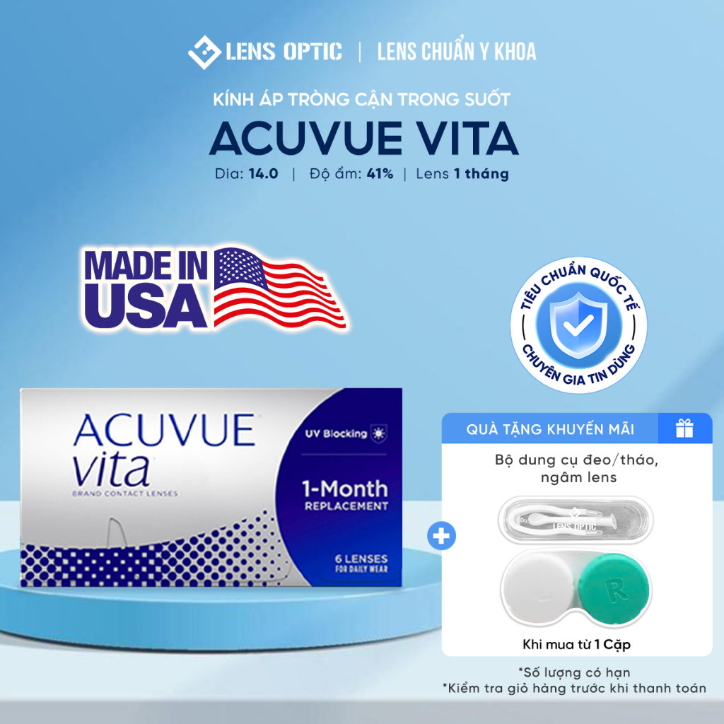 Kính áp tròng Acuvue Vita chống tia UV dùng 1 tháng, lens trong suốt có độ cận - Lens Optic Hà Nội