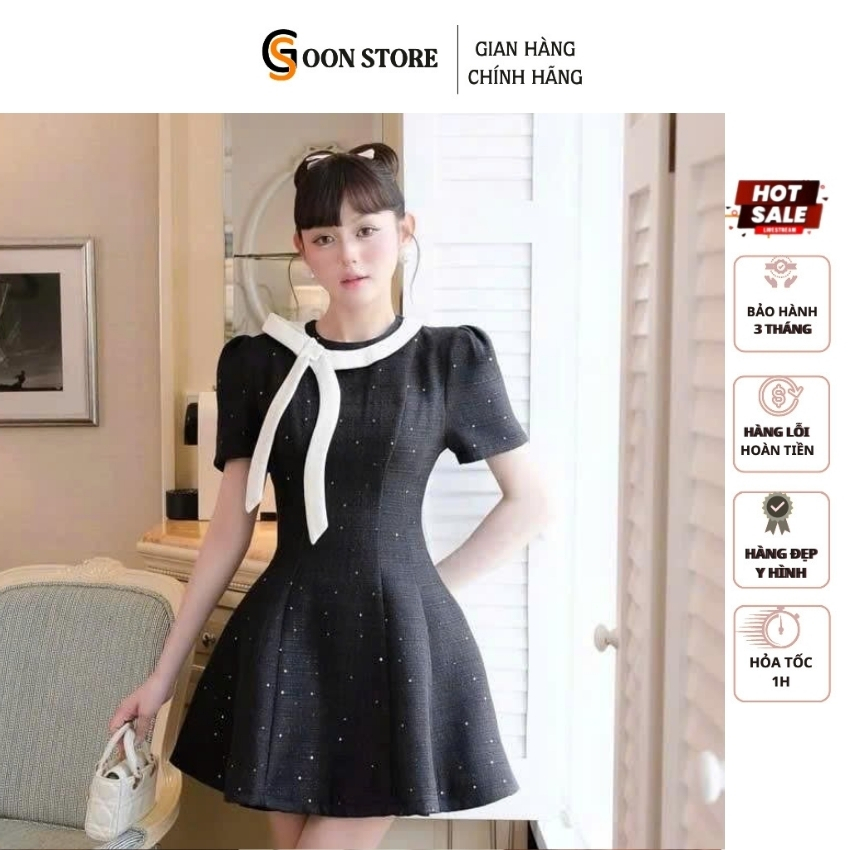 Váy Đầm nữ cộc tay dáng ngắn cách điệu thắt nơ nhẹ nhàng tiểu thư Goon Store