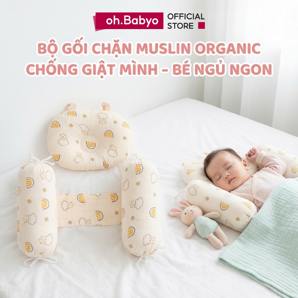 Bộ Chặn Muslin Organic Thoáng Mát ohBabyo Gối Sơ Sinh Chống Bẹt Đầu Giúp Bé Ngủ Sâu Không Giật Mình