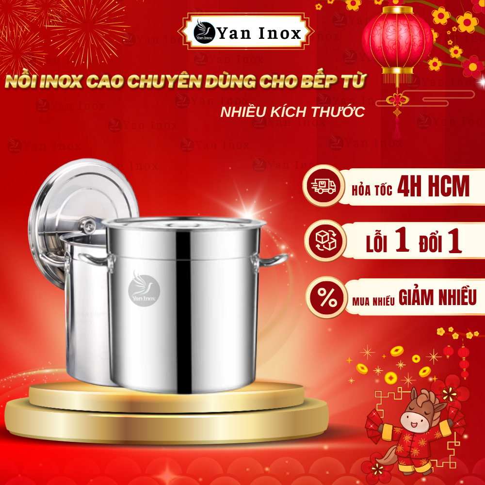 Nồi cao inox 304 Luộc gà, nấu bún phở, dùng cho bếp gas & bếp từ (30–50cm)