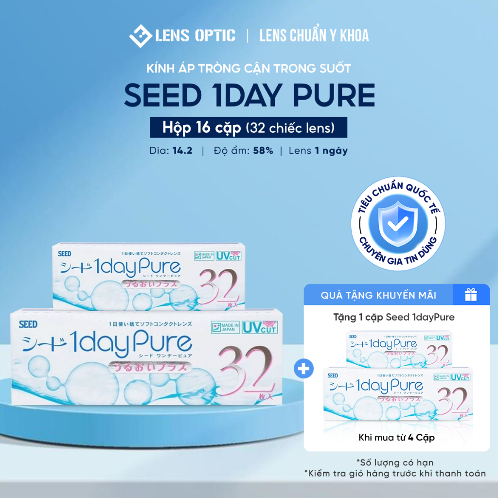  Kính áp tròng SEED 1 ngày không màu có độ 16 cặp - lens SEED 1 ngày trong suốt 1day Pure - Lens Optic HN 