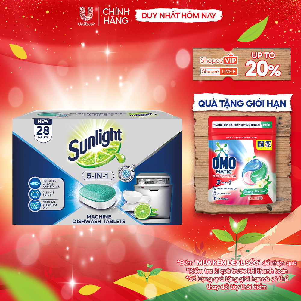  Hộp Viên Rửa Chén Bát Sunlight 5 in 1 Dành Cho Máy Rửa Chén  28 Viên Hộp  
