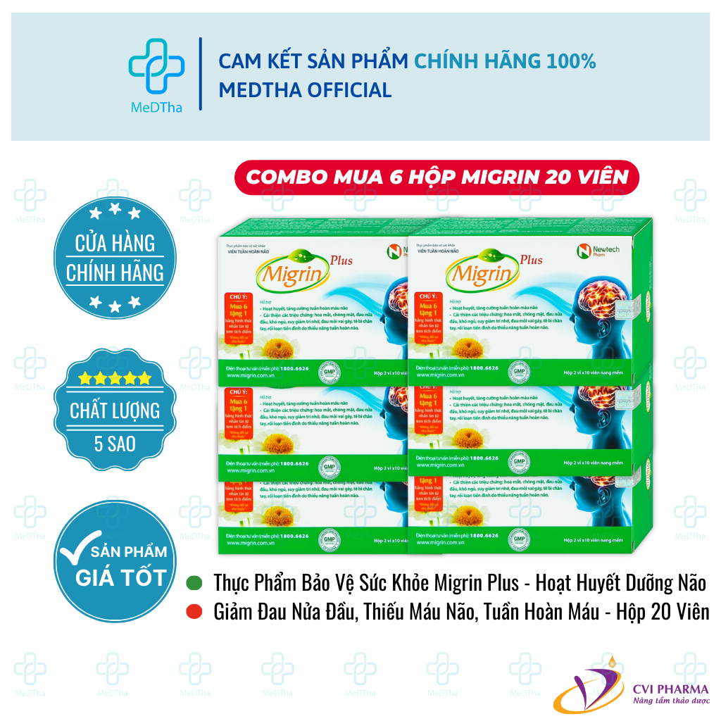 [COMBO 6 HỘP] Viên Uống Bổ Não Migrin Plus - Hoạt Huyết Dưỡng Não, Tăng Cường Tuần Hoàn Não (20 Viên