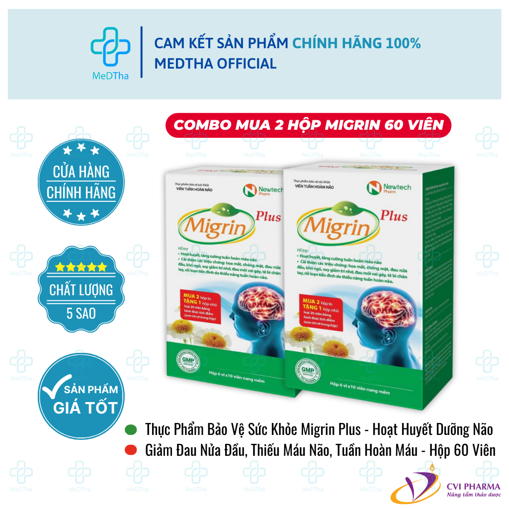 [COMBO 2 HỘP] Migrin Plus - Hoạt Huyết Dưỡng Não, Giảm Đau Nửa Đầu, Thiếu Máu Não, Tuần Hoàn Máu (60