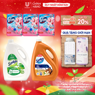  Combo Dọn dẹp Sạch bóng | Sunlight Rửa chén Lô Hội 3.5kg | Sunlight Lau sàn Quế cam 3.6kg | Viên treo Vim Mộc Lan 3x50g 