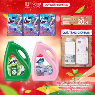  Combo Dọn dẹp Thư Thái | Sunlight Rửa chén Matcha 3.5kg | Sunlight Lau sàn Lavender 3.6kg | Viên treo Vim Lavender 3x50g 