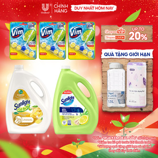  Combo Dọn dẹp Chữa lành | Sunlight Rửa chén Gừng 3.5kg | Sunlight Lau sàn Chanh sả 3.6kg | Viên treo Vim Chanh 3x50g 
