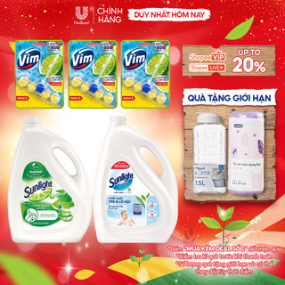  Combo Dọn dẹp Dịu nhẹ| Sunlight Rửa chén Lô hội 3.5kg | Sunlight Lau sàn Lô hội 3.6kg | Viên treo Vim Trà xanh 3x50g 