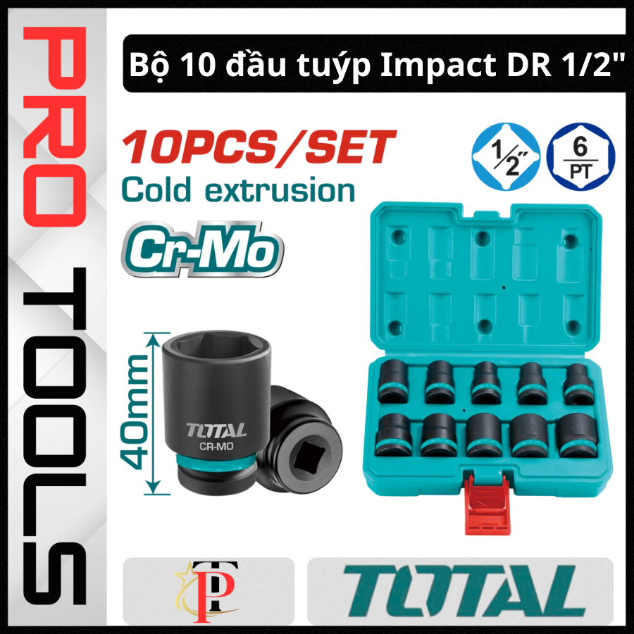 Bộ 10 đầu tuýp Impact 1/2" TOTAL THISTD12101 - Đầu tuýp đen thép CrMo chịu lực chuyên dụng