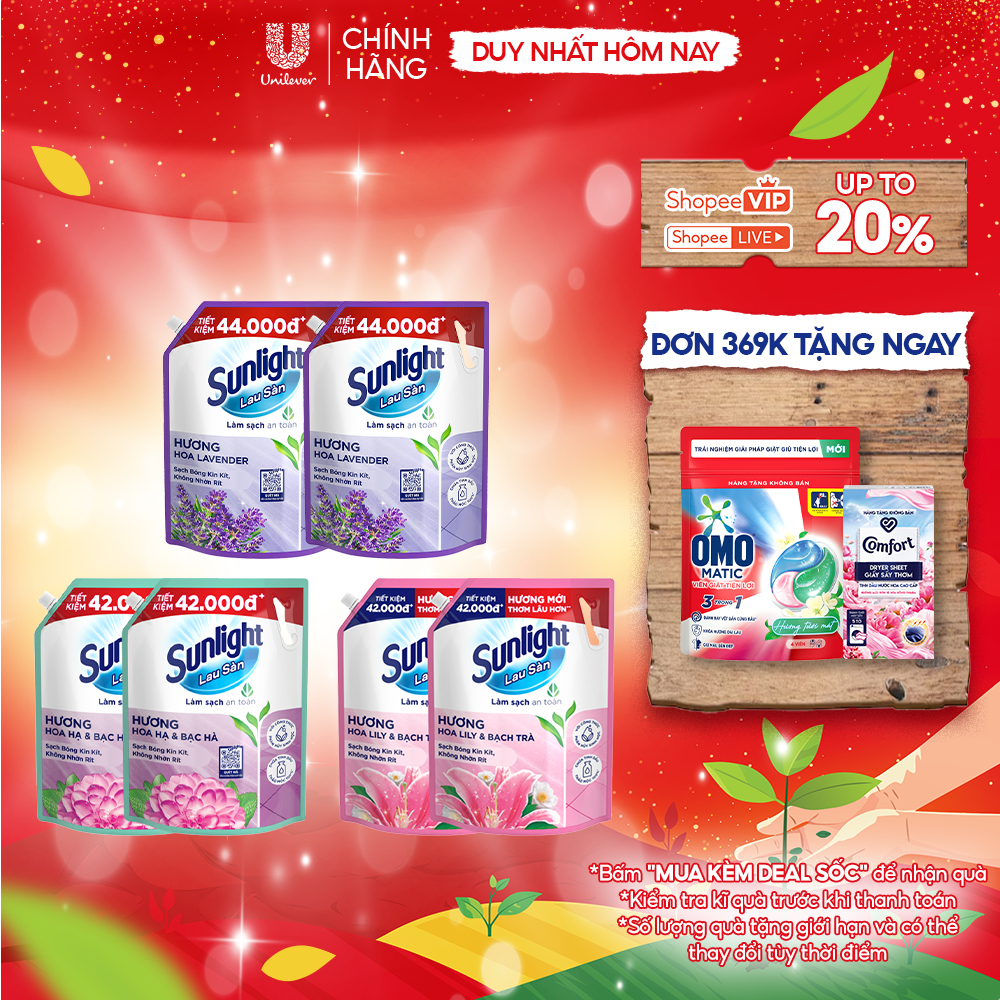  COMBO 2 Nước Lau Sàn Sunlight Tinh Dầu Thảo Mộc Sạch Bóng | Túi 3,6 KG |Hoa Hạ - Bạc Hà |Lily - Bạch Trà |Hoa Lavender 