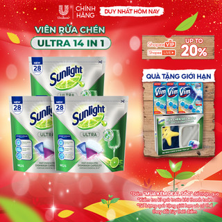  Combo 3 Túi Viên Rửa Chén Bát Sunlight 14 in 1 Dành Cho Máy Rửa Chén  28 Viên Túi  