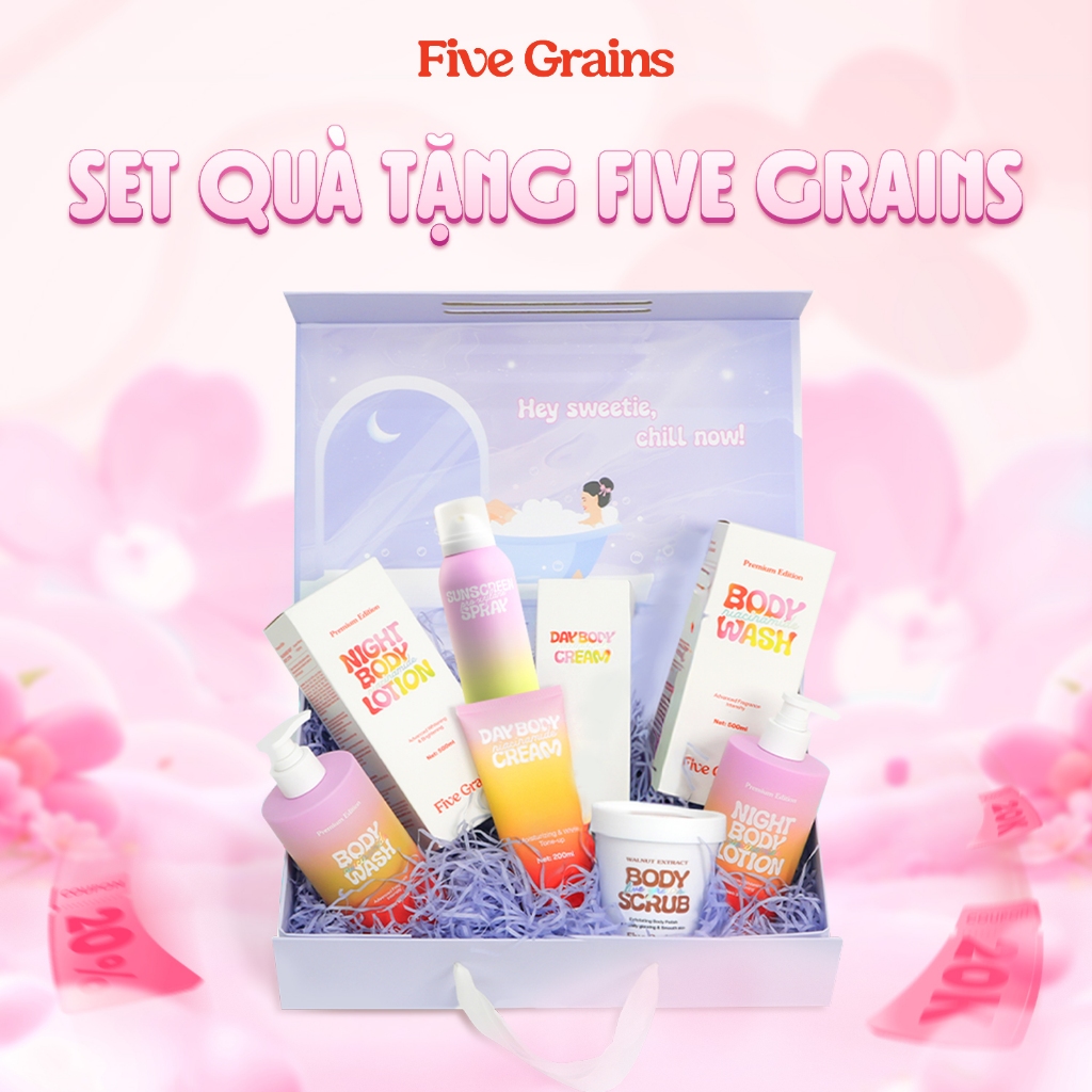 Set quà yêu thương Five Grains (sữa tắm/kem dưỡng/xịt chống nắng/tẩy tế bào chết)