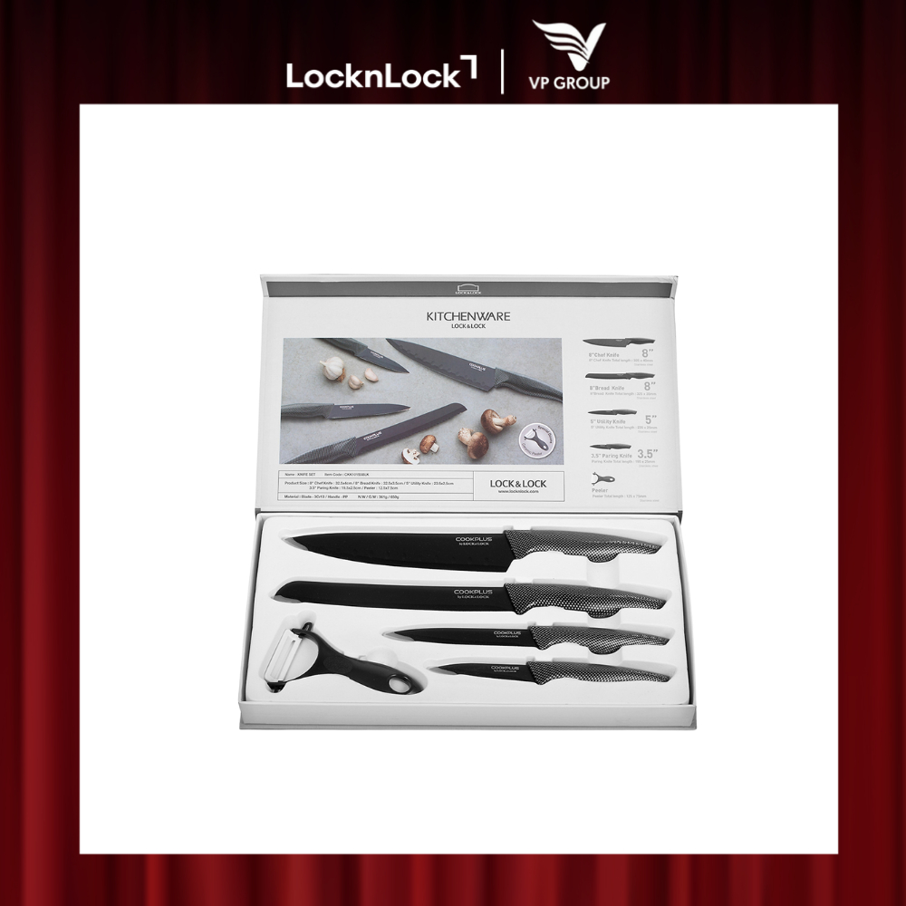 Bộ dao nhà bếp 5 món COOKPLUS LocknLock (Dao: 4 cái ; Dụng cụ gọt vỏ trái cây: 1 cái), màu đen - CKK