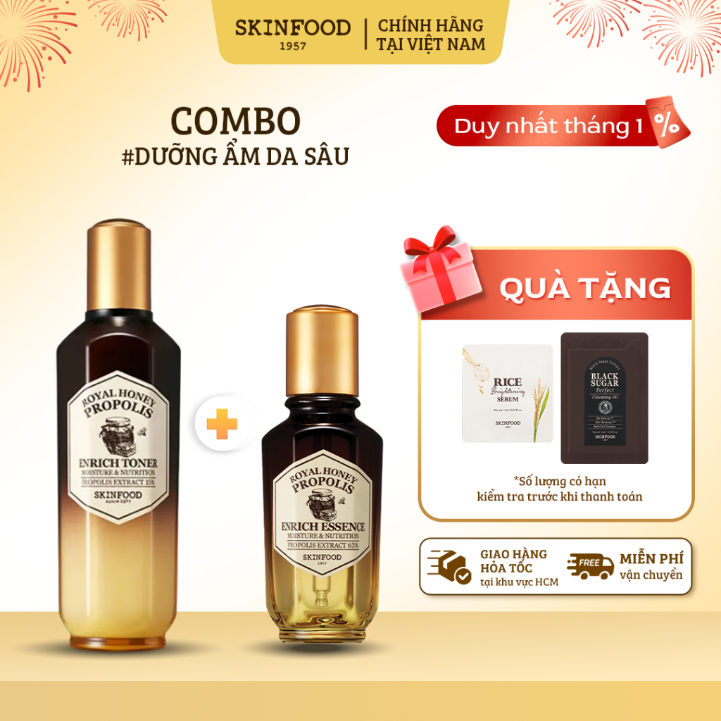  Combo Nước Cân Bằng SKINFOOD Cấp Ẩm 160ml & Tinh Chất Sữa Ong Chúa Dưỡng Da Sáng Mịn 50ml 
