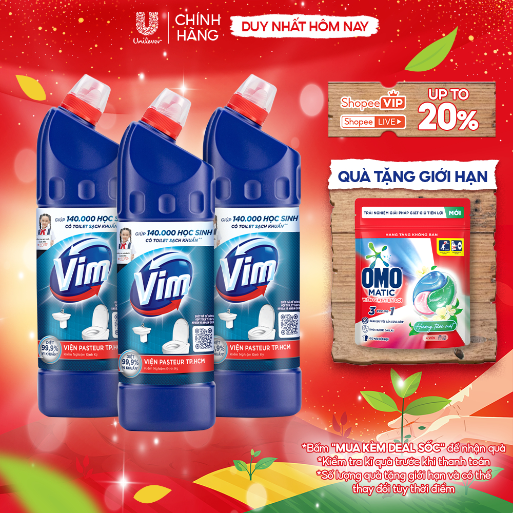  Combo 3 Nước Tẩy Bồn Cầu và Nhà Vệ Sinh Vim Diệt Khuẩn| Diệt 99,9% Vi Khuẩn  880ml  