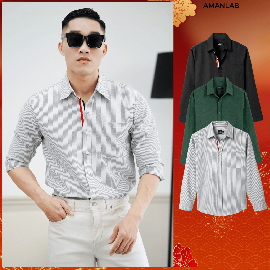 Áo sơ mi dài tay, sơ nam dài tay, phối viền, vải cotton oxford, form regular LONG STRIPES AMANLAB