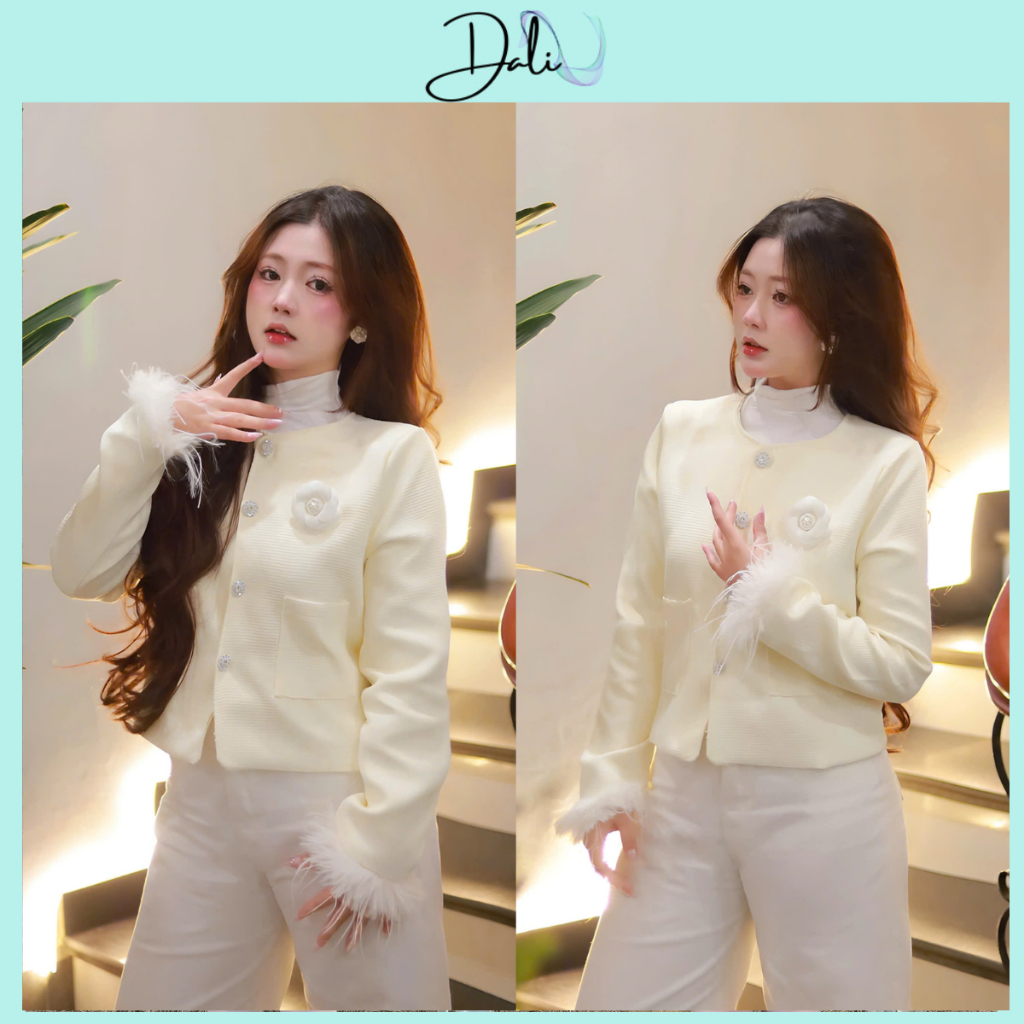 Áo Khoác Dạ Tweed 2 Lớp Phối Tay Lông Vũ Tặng Kèm Ghim Hoa Trà Chất Liệu Dạ Text | BigBuy360 - bigbuy360.vn