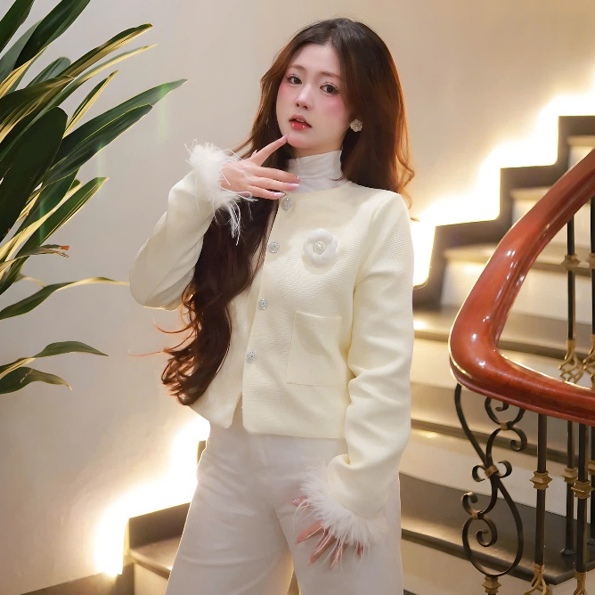 Áo Khoác Dạ Tweed 2 Lớp Phối Tay Lông Vũ Tặng Kèm Ghim Hoa Trà Chất Liệu Dạ Text | BigBuy360 - bigbuy360.vn