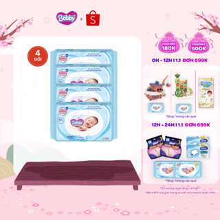  Bộ 4 gói Khăn ướt Bobby không mùi 100 tờ gói  Xanh  