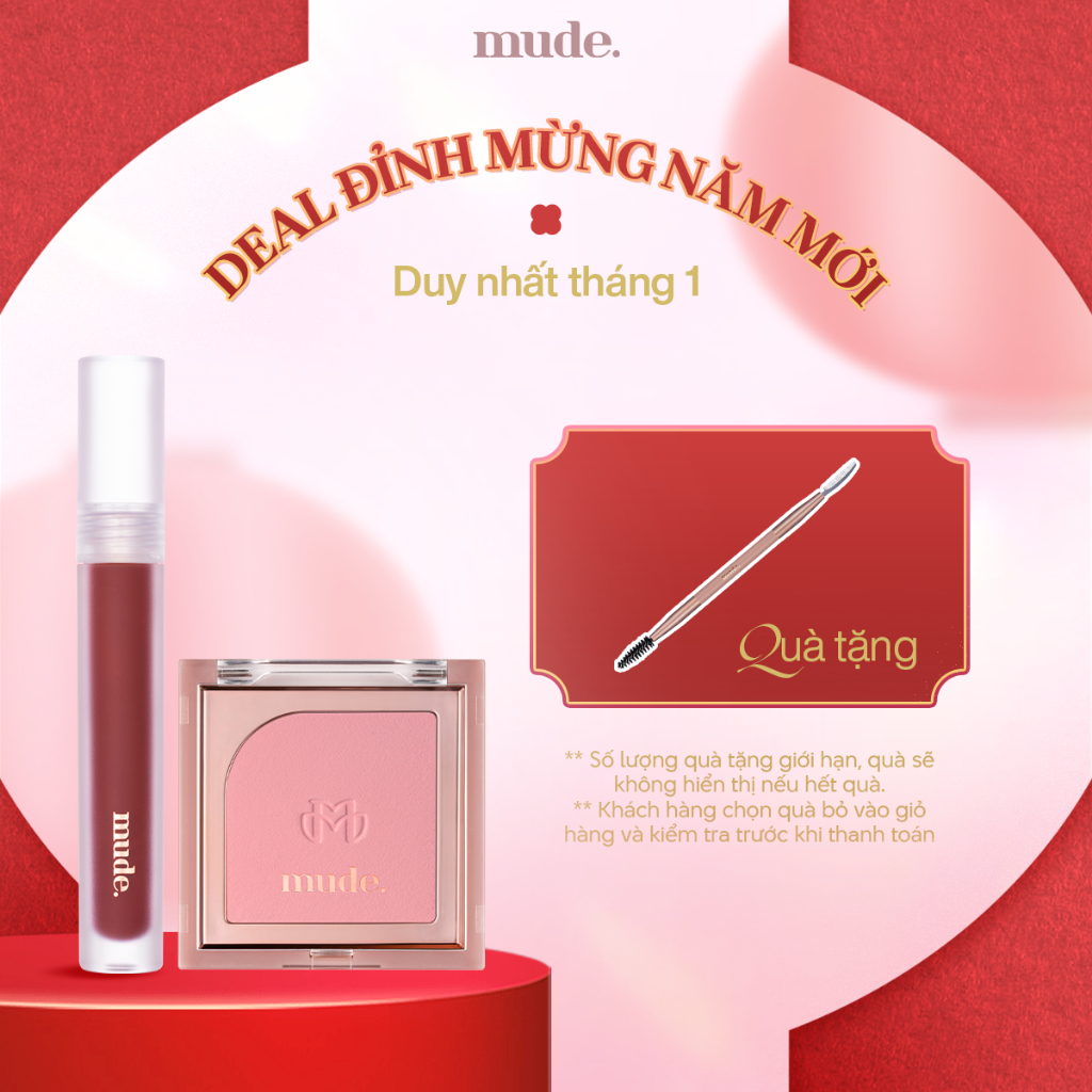 Combo Phấn Má Hồng Mịn Lì Kiềm Dầu Chuẩn Màu mude (5g) & Son Tint Bùn mude Mềm Mịn Phủ Mờ Viền Môi (