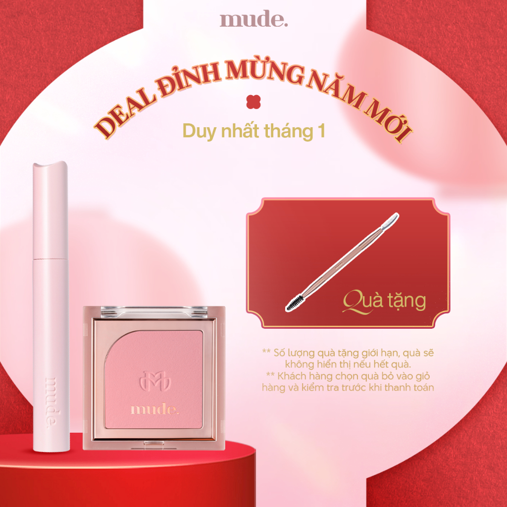 Combo Mascara Chuốt Dày Mi Định Hình Mi Tốt mude Volume (8ml) & Phấn Má Hồng Mịn Lì Kiềm Dầu Chuẩn M