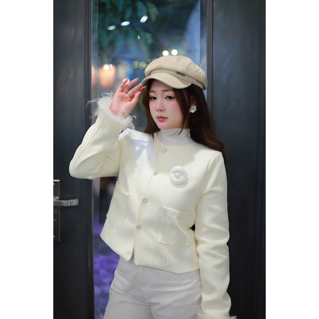Áo Khoác Dạ Tweed 2 Lớp Phối Tay Lông Vũ Tặng Kèm Ghim Hoa Trà Chất Liệu Dạ Text | BigBuy360 - bigbuy360.vn
