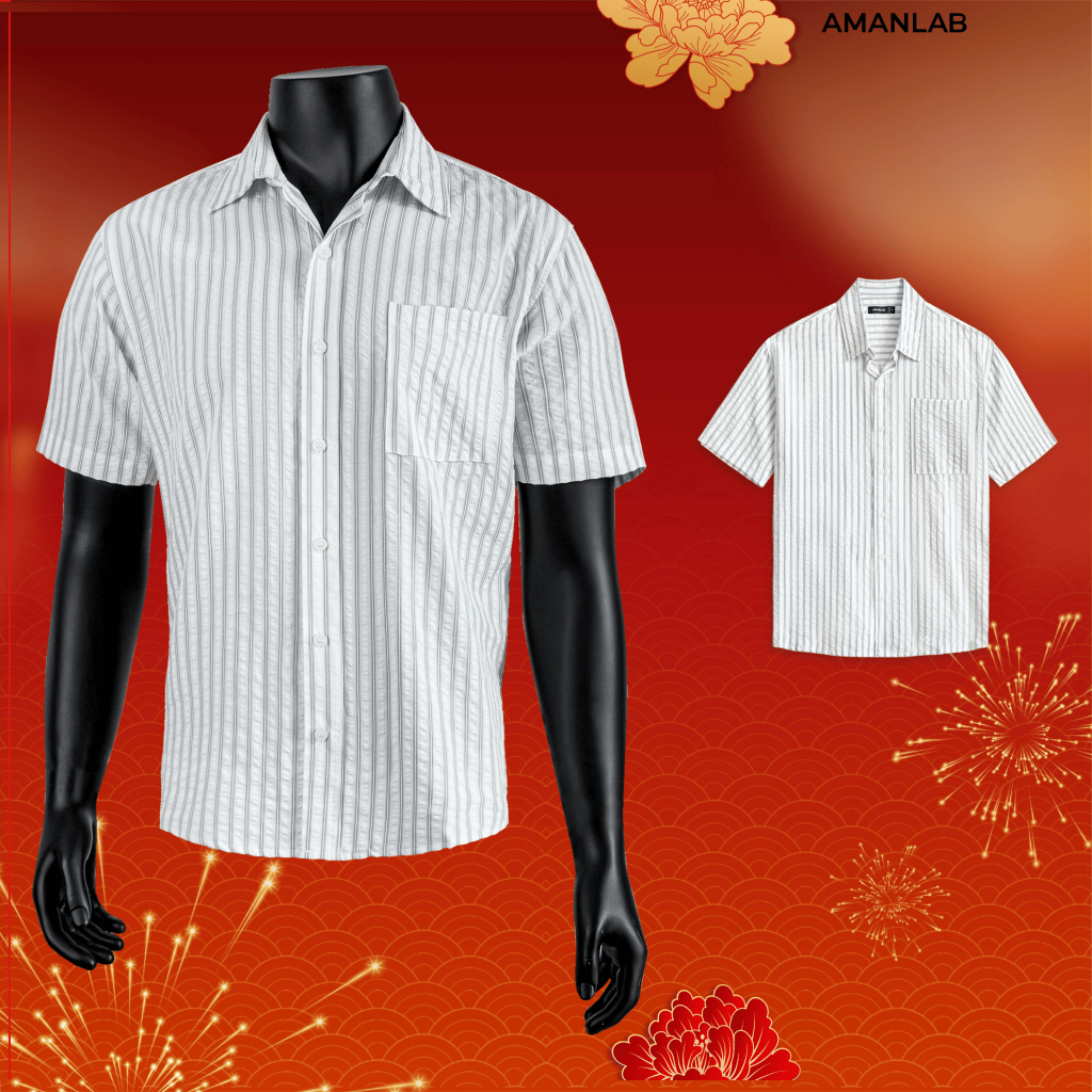 Áo sơ mi nam ngắn tay, kiểu sọc dọc, vải Cotton mềm, mát, chống nhăn, form regular JANUS AMANLAB
