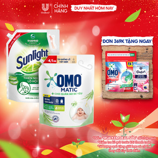  SẠCH LÀNH TÍNH - SẠCH DỊU NHẸ| Nước rửa chén Sunlight Lô Hội Túi 3.3kg| Nước giặt OMO Matic cho Quần Áo Bé Yêu Túi 4.1kg 