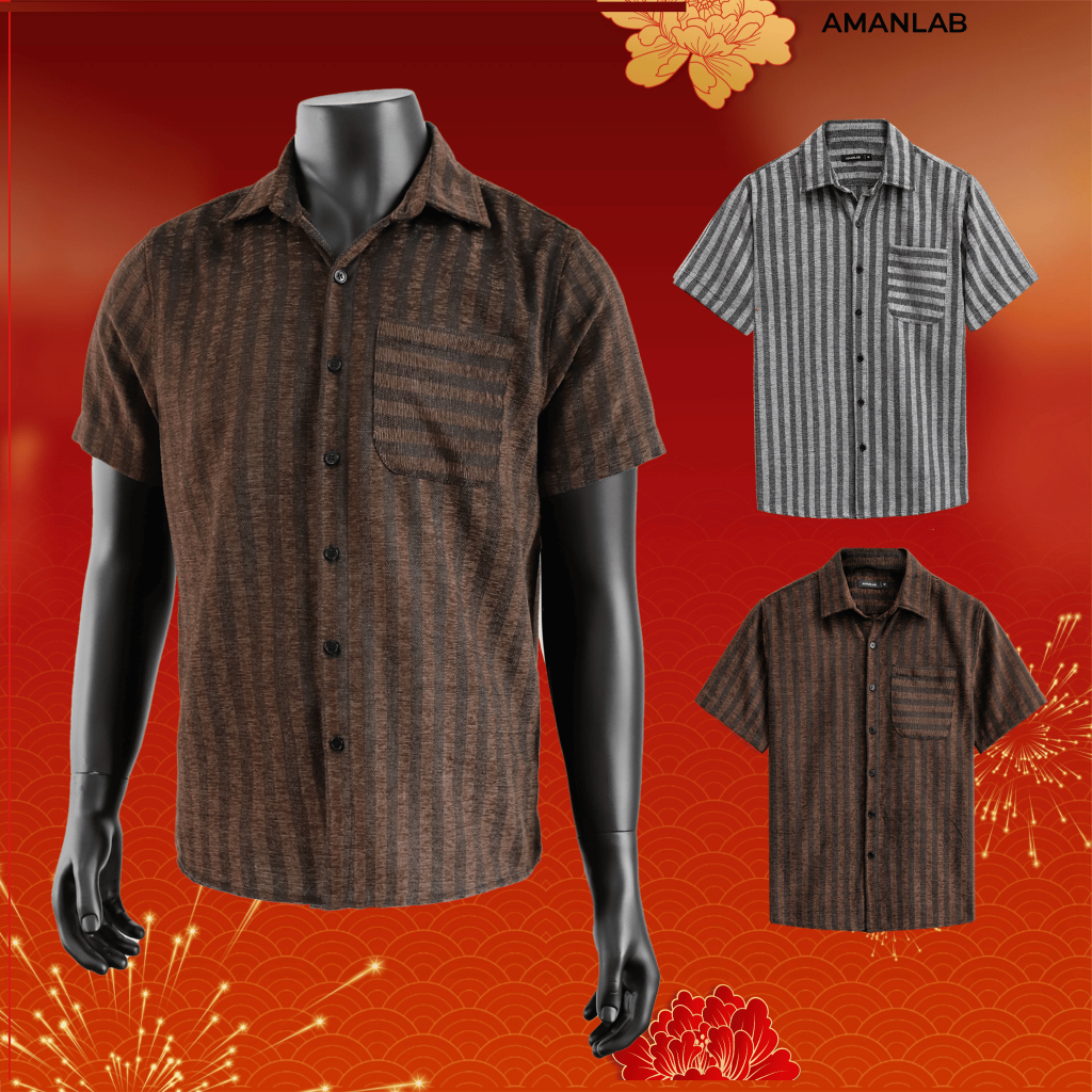 Áo sơ mi ngắn tay, kiểu sọc dọc, vải cotton chống nhăn, form regular MONO AMANLAB