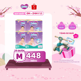   TẶNG MIẾNG NGẪU NHIÊN  Combo 4 gói tã quần Bobby Siêu Khô Thoáng - 100% Thoáng Khí Mega Jumbo  M112 L96 XL84 XXL76 