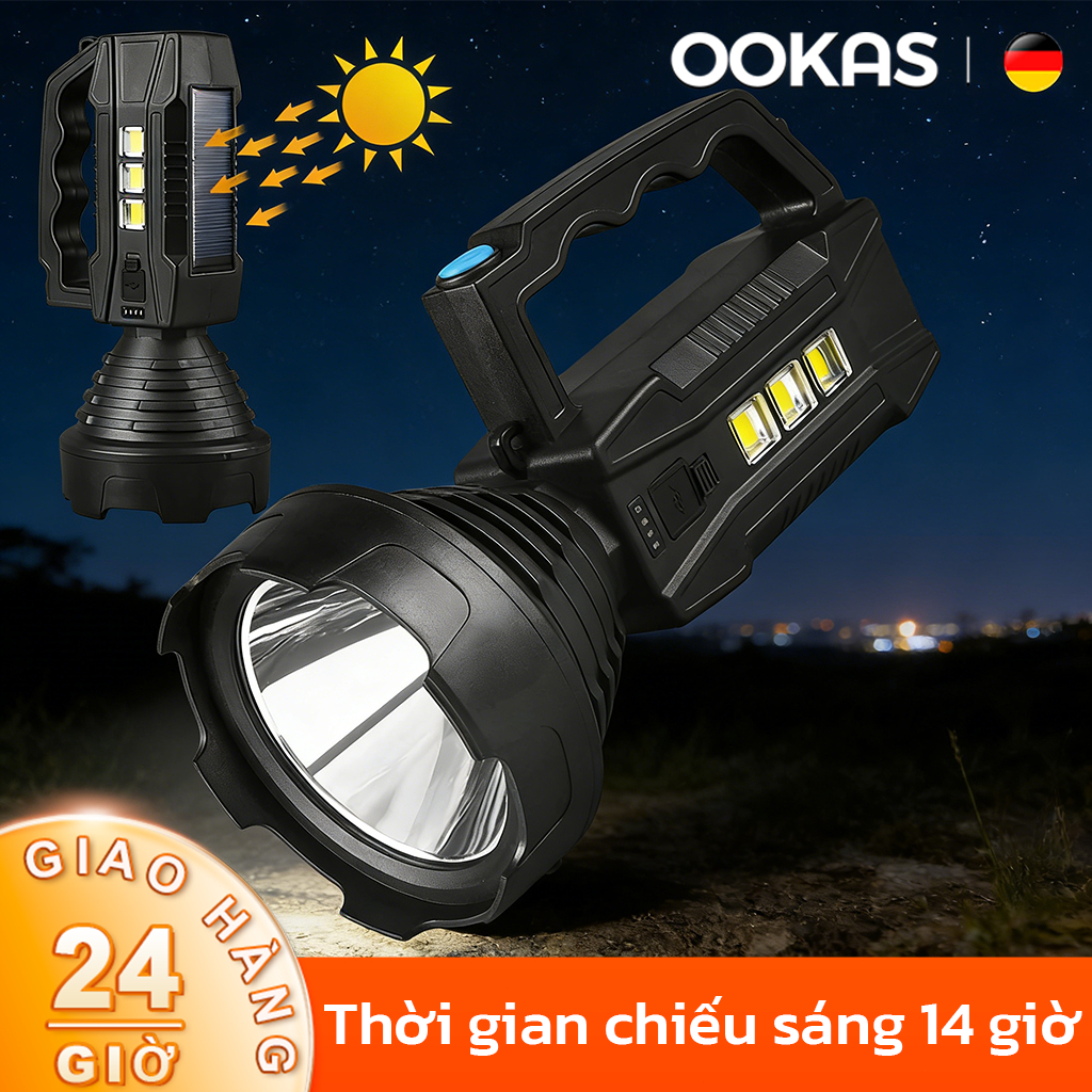 OOKAS Đèn Pin LED Siêu Sáng Mạnh Mẽ,chạy bằng năng lượng mặt trời,pin lâu dài