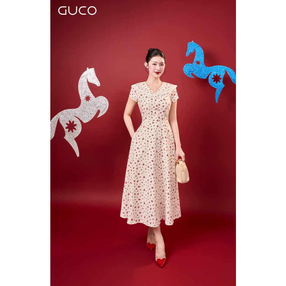 [GUCO SALE] ĐẦM TẾT 2026 DÁNG XÒE HOA NHÍ ĐỎ CỔ TIM PHỐI REN SIÊU ĐÁNG YÊU - KEM - 5059