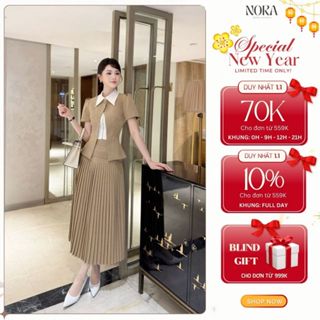  Set áo váy công sở NORA - Áo xẻ tà chất chéo hàn phối lụa khóa đồng chân váy dài dập li sang trọng hiện đại S879 