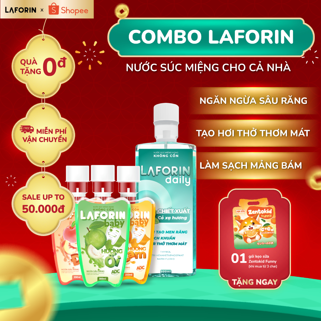 Combo 1 Laforin Daily + 3 Laforin Baby - Nước Súc Miệng Sạch Mảng Bám, Răng Chắc Khỏe Cho Cả Nhà