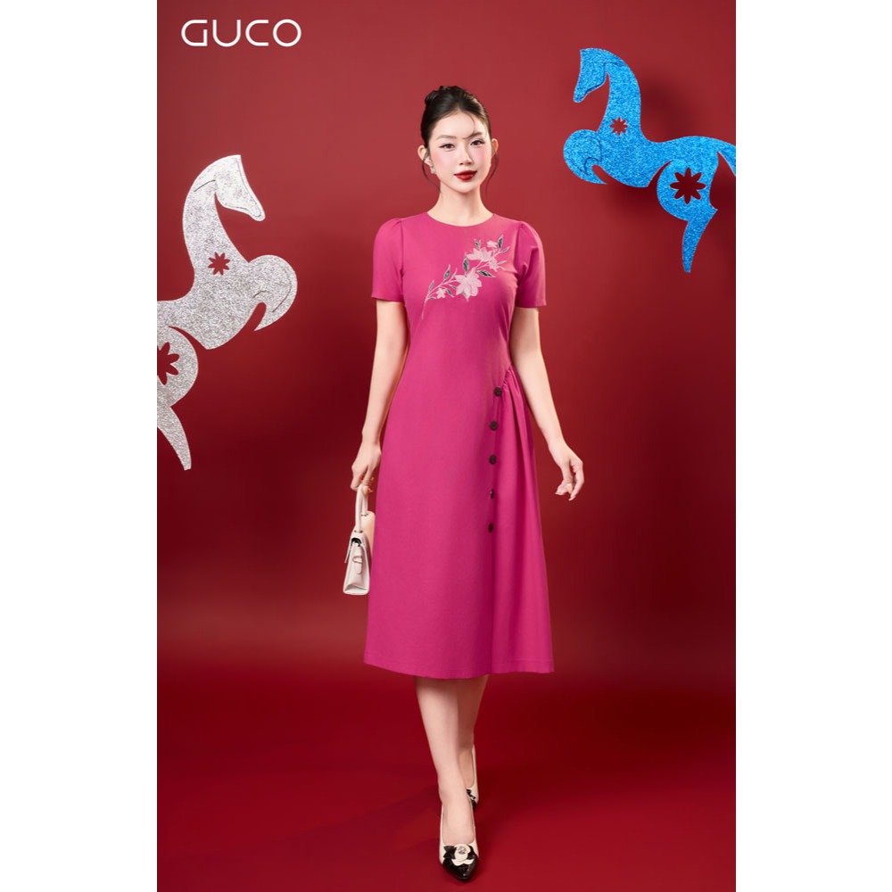 [TẾT SALE] ĐẦM TẾT CHỮ A 2026 CỔ TRÒN DÁNG XOÈ THÊU HOA TRƯỚC SIÊU XINH - HỒNG - 5060