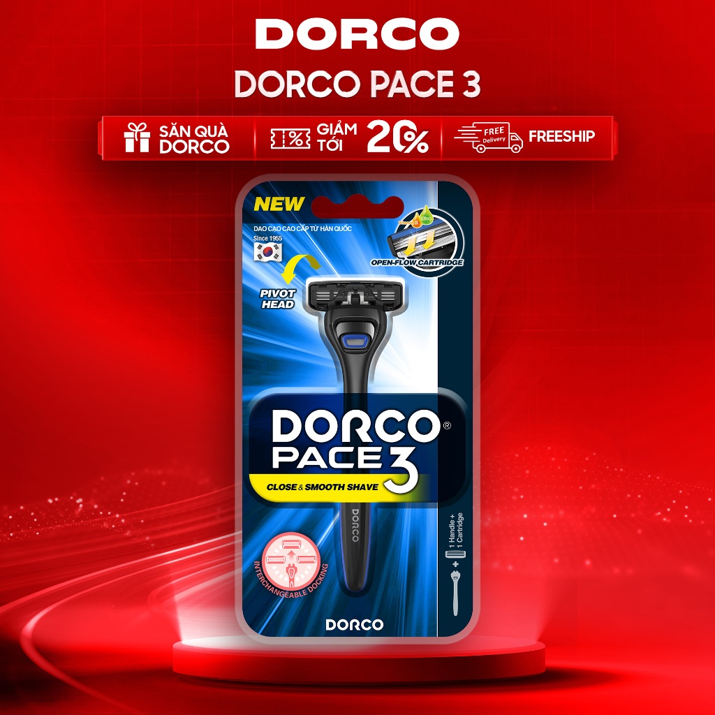 Dao Cạo Râu Hàn Quốc 3 Lưỡi DORCO PACE 3 - Hộp 1 Cán Dao và 1 Đầu Cạo/Hộp 4 Đầu Cạo