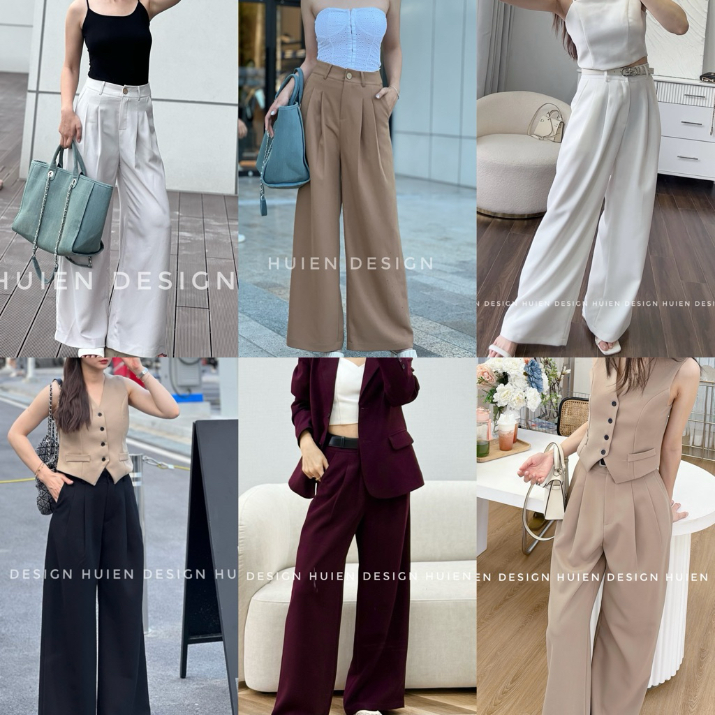 Quần ống rộng nữ hàng thiết kế Huien Design form suông cạp cao kèm túi, có ly trước, quần dài nữ sty