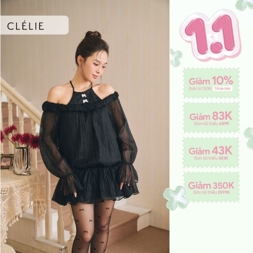  Đầm đi tiệc tay dài chất voan tơ trễ vai viền bèo dáng bí | WENDY DRESS - CLÉLIE 