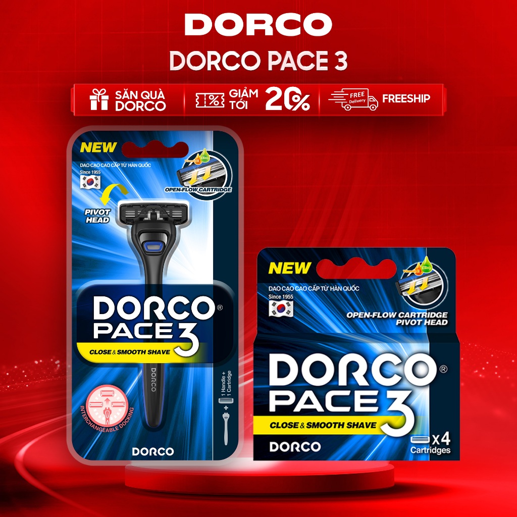 Combo Dao Cạo Râu Hàn Quốc 3 Lưỡi DORCO PACE 3 - TRA4001-B & TRA4040-PP - Gồm 1 Cán và 5 Đầu Cạo