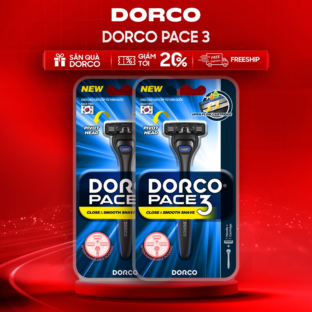Combo Dao Cạo Râu Hàn Quốc 3 Lưỡi DORCO PACE 3 - 2xTRA4001-B - Gồm 2 Cán và 2 Đầu Cạo