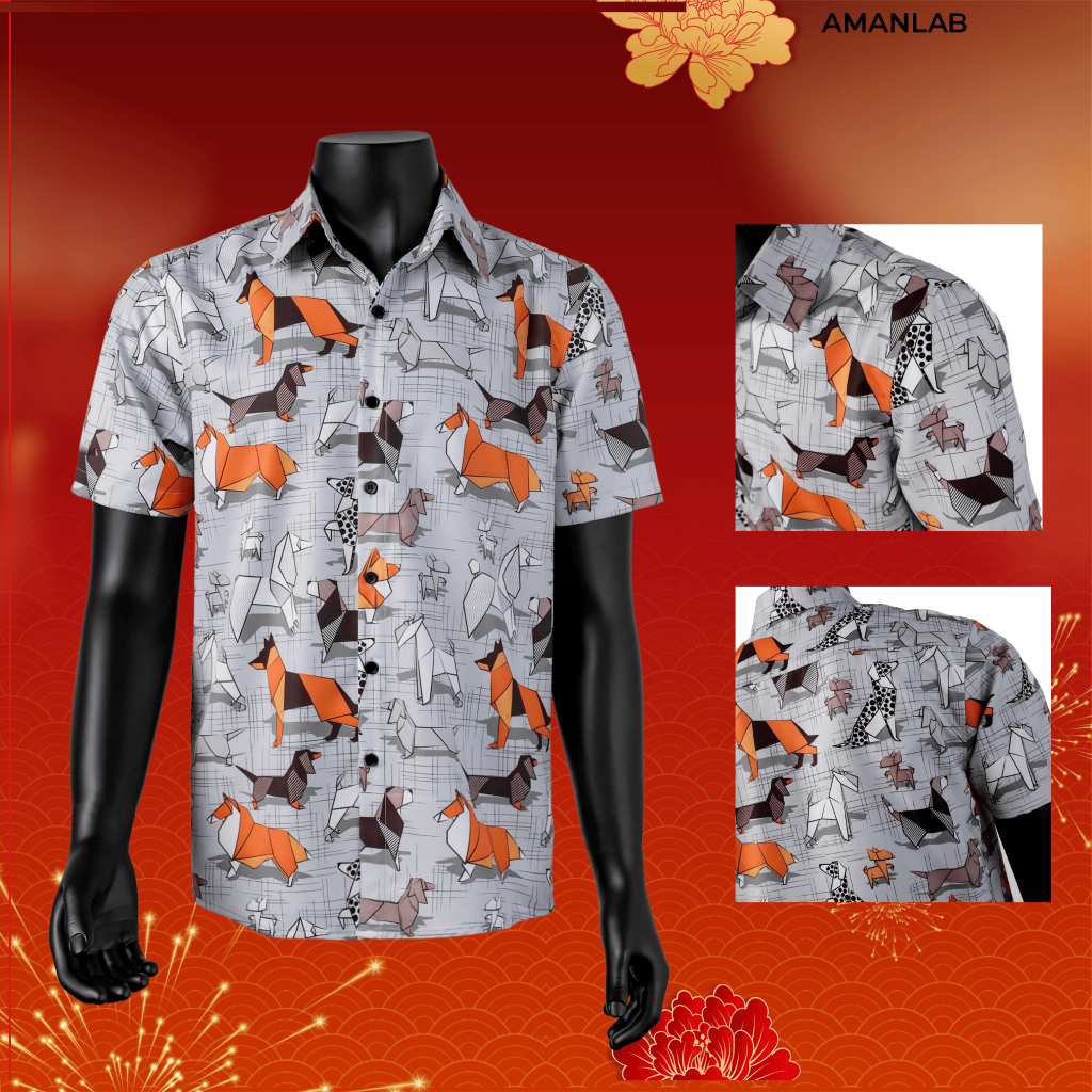 Áo sơ mi nam ngắn tay vải lụa thoáng mát, không nhăn , form regular, họa tiết OrigamiDog AMANLAB