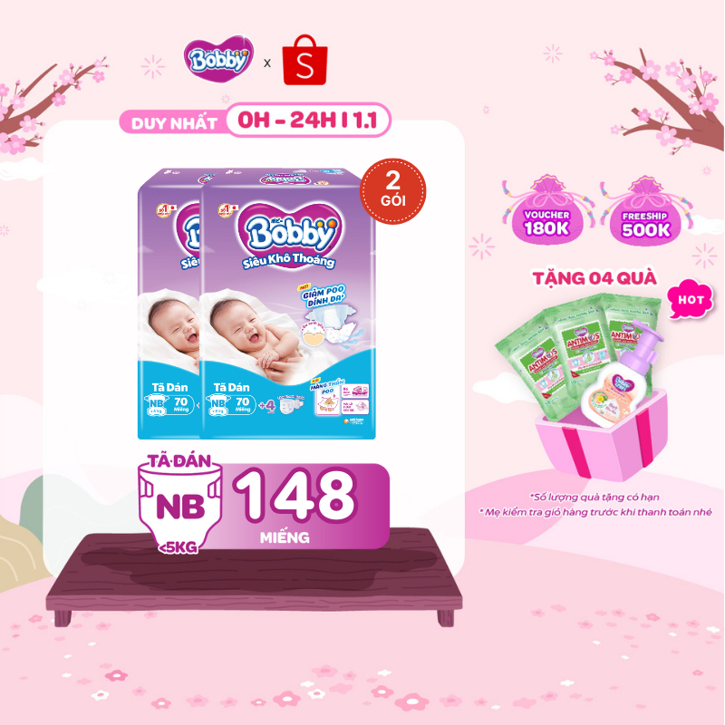   MUA 2 TẶNG 1  Combo 2 tã dán sơ sinh Bobby NB70  XS70  S80-Lõi nén cotton-soft 3mm -Tặng miếng ngẫu nhiên 